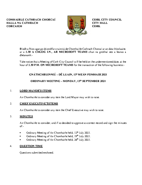13-09-2021 - Agenda - Council Meeting front page preview
                              