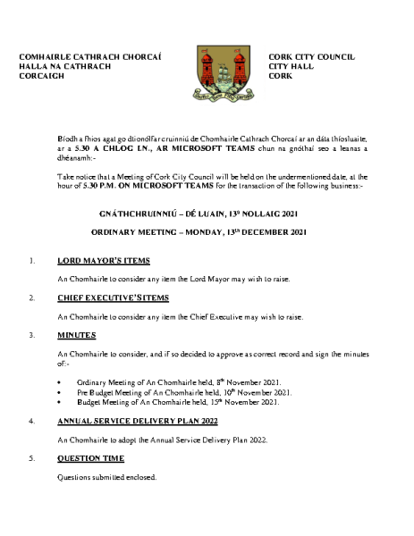 13-12-2021 - Agenda - Council Meeting front page preview
                              