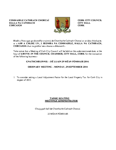 2014-09-29 - Agenda - Council Meeting LPT front page preview
                              