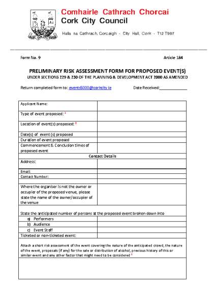 Outdoor Event Licence Preliminary Risk Assessment Form 9 front page preview
                              
