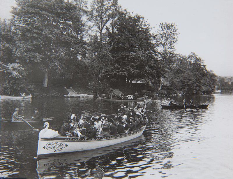 Boats on the River Lee during the International Exhibition, looking towards Sundays Well 1902-03