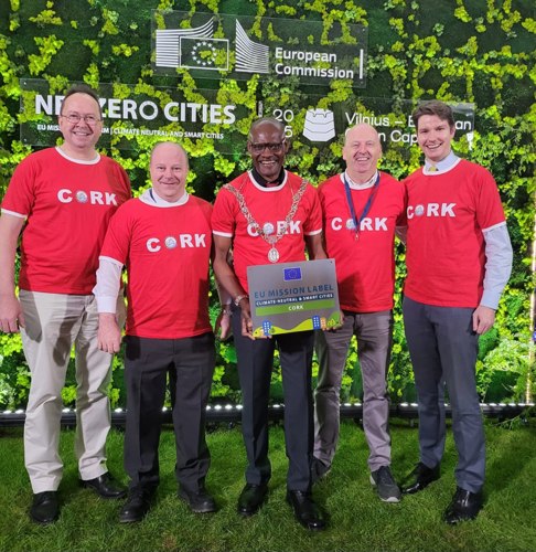Cork City's team accepting the EU's Mission Label in Vilnius