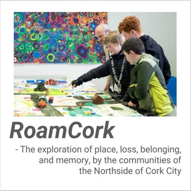 Cover of the Roam Cork book compiled by Rachel Lartey. Cover image shows Councillor Oliver Moran with three boys examining art work at the Roam exhibition in Knocknaheeny Youth Project.