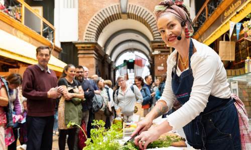 Chef Orla McAndrew doing cooking demo at English Market